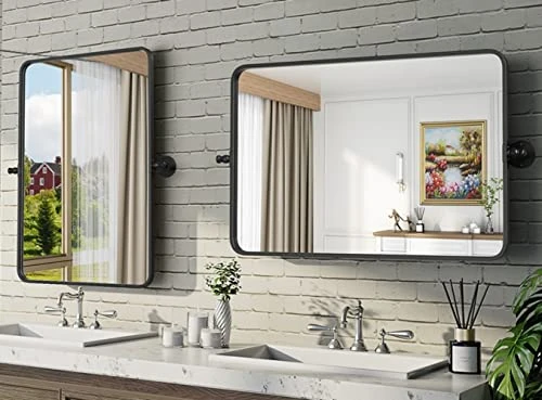 Brightify 22 X 30 Pivot Bathroom Mirror For Wall, Black Metal Framed Bathroom Mirrors For Vanity, Farmhouse Tilt Mirror, Rounded Rectangle Vanity Mirror, Horizontal Or Vertical Wall Mounted Mirrors 1 Brightify 22 X 30 Pivot Bathroom Mirror For Wall, Black Metal Framed Bathroom Mirrors For Vanity, Farmhouse Tilt Mirror, Rounded Rectangle Vanity Mirror, Horizontal Or Vertical Wall Mounted Mirrors