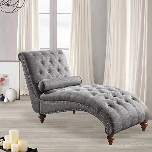 Rosevera Sereno Polyester Upholstered Button Tufting With Toss Pillow Chaise Lounge Chair For Indoor Bedroom, Linen Gray 9 Rosevera Sereno Polyester Upholstered Button Tufting With Toss Pillow Chaise Lounge Chair For Indoor Bedroom, Linen Gray - Image 9