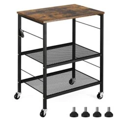 ETELI Microwave Oven Stand Table 3 Tier MDF Kitchen Bakers Rack Microwave Cart With Wheels 10 Hooks For Spice Living Room Bathroom Hotel Cafe, Rustic Brown