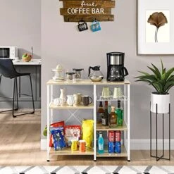 Mr IRONSTONE Bakers Rack, 35.5" Coffee Bar, 10 Hooks Microwave Stand With Wire Basket, 3-Tier Kitchen Storage Shelf, Kitchen Stand For Spice Rack Organizer Workstation, White Oak -Safavieh Furniture 51RPFW7HvtL