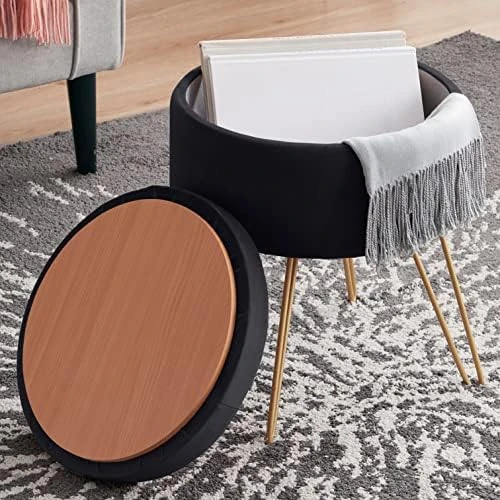 Ornavo Home Modern Round Velvet Storage Ottoman Foot Rest Vanity Stool/Seat With Gold Metal Legs & Tray Top Coffee Table - Blush 4 Ornavo Home Modern Round Velvet Storage Ottoman Foot Rest Vanity Stool/Seat With Gold Metal Legs & Tray Top Coffee Table - Blush - Image 4