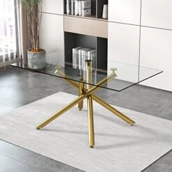 63 Inch Glass Dining Table With Clear Rectangular Glass Top, 4 Chrome Golden Legs Modern Rectangular Glass Kitchen Table Furniture For Home Office Kitchen Dining Room, 4-6 People
