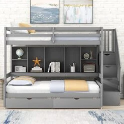 Harper & Bright Designs Twin XL Over Full Bunk Bed Frame With Built-in Storage Shelves For Kids Boys Girls, Drawers And Staircase,Gray 12 Harper & Bright Designs Twin XL Over Full Bunk Bed Frame With Built-in Storage Shelves For Kids Boys Girls, Drawers And Staircase,Gray -Safavieh Furniture 51RZAzx9M0L