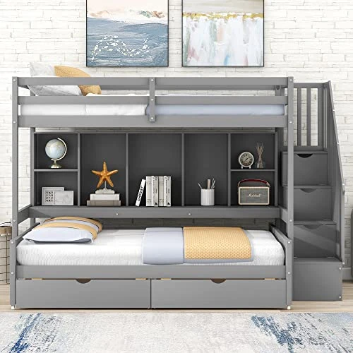 Harper & Bright Designs Twin XL Over Full Bunk Bed Frame With Built-in Storage Shelves For Kids Boys Girls, Drawers And Staircase,Gray 5 Harper & Bright Designs Twin XL Over Full Bunk Bed Frame With Built-in Storage Shelves For Kids Boys Girls, Drawers And Staircase,Gray - Image 5