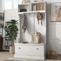 LUMISOL Hall Tree With Storage Bench For Entryway Livingroom Hallway 3-in-1 Design With Shelves Cabinet And 4 Hooks (White-with Lidded Door) -Safavieh Furniture 51Rv0GoLuxL. AC