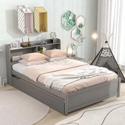DEINPPA Full Size Platform Bed With Built-in Bookshelves And 2 Drawers, Wooden Captain Bed Frame For Kids Teens Adult Boys Girls, No Box Spring Needed, Grey -Safavieh Furniture 51S 2CdfzDL. AC