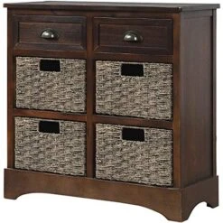 Knocbel Farmhouse Wicker Storage Cabinet With 2 Drawers And 4 Baskets, Living Room Bedroom Wooden Chest Of Drawers, Fully Assembled, 28"L X 11.8"W X 28"H