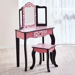 Teamson Kids Gisele Leopard Print Wooden Vanity Set With Tri-Fold Mirror Table And Chair, Pink/Black -Safavieh Furniture 51S3m2N5GBL