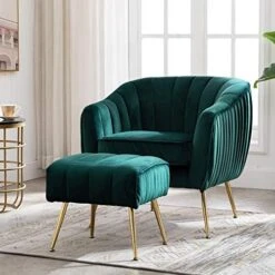 Artechworks Velvet Modern Tub Barrel Arm Chair Upholstered Tufted With Gold Metal Legs Accent Club Chair With Ottoman Footrest For Living Reading Room Bedroom, Green -Safavieh Furniture 51S4o5634EL. AC
