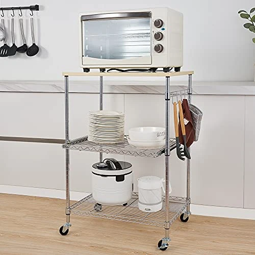 Kitchen Microwave Cart On Wheels, Wire Rolling Cart With 4 Chrome Hooks, 3 Tier Bakers Rack With Wood Table, Slides Out Shelves (24" W X 18" D X 33.5" H, Chrome/Wood) 2 Kitchen Microwave Cart On Wheels, Wire Rolling Cart With 4 Chrome Hooks, 3 Tier Bakers Rack With Wood Table, Slides Out Shelves (24" W X 18" D X 33.5" H, Chrome/Wood) - Image 2