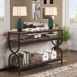 Tribesigns 3-Tier Console Table, 55 Inch Sofa Table With Open Storage Shelves, Narrow Long Hallway/Entryway Table For Home Living Room Entryway, Rustic Brown -Safavieh Furniture 51SK7FPtwrL