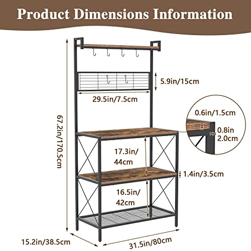 C&AHOME Kitchen Bakers Rack, Baker's Rack, 3 Tiers Microwave Oven Stand With High Display Shelf, Storage Rack With 7 S Hooks, 2 Wooden Shelves And Mesh Panel, Adjustable Feet, Rustic Brown UBRMW03RB 6 C&AHOME Kitchen Bakers Rack, Baker's Rack, 3 Tiers Microwave Oven Stand With High Display Shelf, Storage Rack With 7 S Hooks, 2 Wooden Shelves And Mesh Panel, Adjustable Feet, Rustic Brown UBRMW03RB - Image 6