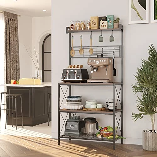 C&AHOME Kitchen Bakers Rack, Baker's Rack, 3 Tiers Microwave Oven Stand With High Display Shelf, Storage Rack With 7 S Hooks, 2 Wooden Shelves And Mesh Panel, Adjustable Feet, Rustic Brown UBRMW03RB 4 C&AHOME Kitchen Bakers Rack, Baker's Rack, 3 Tiers Microwave Oven Stand With High Display Shelf, Storage Rack With 7 S Hooks, 2 Wooden Shelves And Mesh Panel, Adjustable Feet, Rustic Brown UBRMW03RB - Image 4