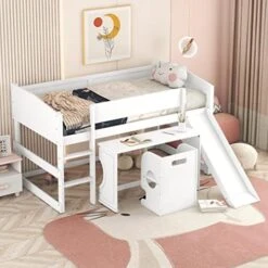 JINS&VICO Twin Size Loft Bed With Rolling Portable Desk And Chair, Low Loft Bed With Slide And Ladder, Wooden Bed Frame With Full-Length Guardrail For Boys Girls Teens, No Box Spring Required, White -Safavieh Furniture 51SRmiKGY6L. AC