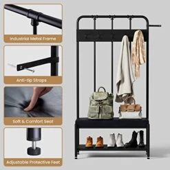 SHA CERLIN Hall Tree With Coat Rack Shoe Bench, 76'' Entryway Bench With Storage Shelf, Industrial Mudroom Furniture, 5x2 Hooks, Upholstered Sponge-Padded Seat, Steel Frame, Black Finished -Safavieh Furniture 51SRzz0mBFL