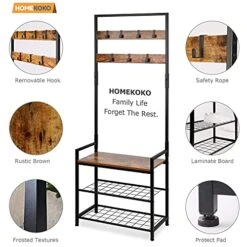 HOMEKOKO Coat Rack Shoe Bench, Hall Tree Entryway Storage Bench, Wood Look Accent Furniture With Metal Frame, 3-in-1 Design (Rustic Brown) 12 HOMEKOKO Coat Rack Shoe Bench, Hall Tree Entryway Storage Bench, Wood Look Accent Furniture With Metal Frame, 3-in-1 Design (Rustic Brown) -Safavieh Furniture 51SpirUOVZL