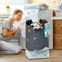 OREZI Moon Stars And Clouds The Midnight Sky Laundry Hamper,Waterproof And Foldable Laundry Bag With Handles For Baby Nursery College Dorms Kids Bedroom Bathroom -Safavieh Furniture 51StO7KszXL