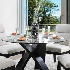 BOWERY HILL 52" Glass Top Round Modern Solid Wood Dining Table In Black -Safavieh Furniture 51SuQwMZ0YL