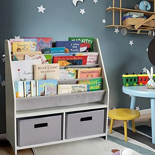 WonkaWoo Kids Sling Bookshelf Wooden Rack, 4 Levels Of Canvas Slings For Large Children Books And 2 Storage Bin Boxes For Toys Organizer, Espresso Shelf With Natural Fabric Slings 5 WonkaWoo Kids Sling Bookshelf Wooden Rack, 4 Levels Of Canvas Slings For Large Children Books And 2 Storage Bin Boxes For Toys Organizer, Espresso Shelf With Natural Fabric Slings - Image 5