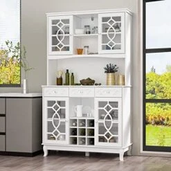 AIEGLE Large Kitchen Hutch Cabinet, Storage Cupboard Pantry With Doors, Drawers, Wine Rack & Countertop, Kitchen Utility Buffet Storage, White Type A (47.2" L X 15.9" W X 70.9" H) -Safavieh Furniture 51T9ptuydEL. AC