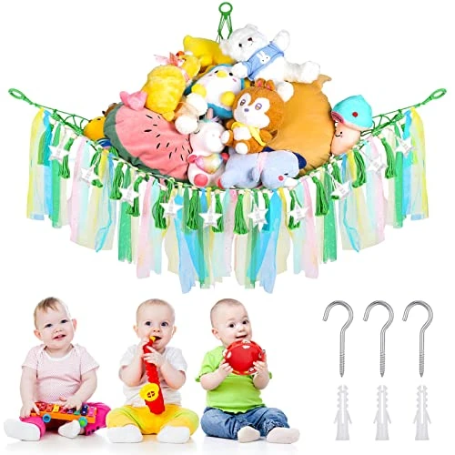 QUEEN KING Large Stuffed Animal Net Or Hammock With LED Light, Boho Hanging Stuff Animals Storage Organizer With Tassels Wall Corner Animal Hammock Holder Organizer Toy Hammock(Green) 5 QUEEN KING Large Stuffed Animal Net Or Hammock With LED Light, Boho Hanging Stuff Animals Storage Organizer With Tassels Wall Corner Animal Hammock Holder Organizer Toy Hammock(Green) - Image 5