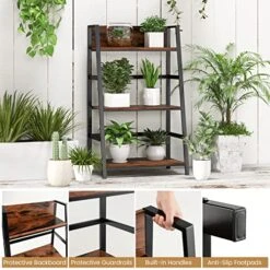 Tangkula 3-Tier Ladder Bookshelf, Industrial Wooden Bookcase W/Metal Frame, Anti-Toppling Device, Freestanding Display Shelf Plant Stand, Storage Rack For Home Office Living Room Kitchen (1, 3-Tier) -Safavieh Furniture 51TLeS7TBML