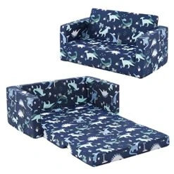 Ulax Furniture Kids Fold Out Couch 2-in-1 Children Convertible Sofa To Lounger With Soft Plush Fabric (Navy Dinosaur)