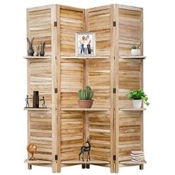 4 Panel Room Divider Folding Privacy Wooden Screen With Three Clever Shelf Portable Partition Screen Screen Wood For Home Office