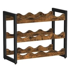 SONGMICS Countertop Wine Rack, 3-Tier Display Wine Storage Shelves, Holds 12 Bottles, Bamboo Wobble-Free Bottle Holder For Kitchen Bar Dining Room Living Room, Rustic Brown And Black UKWR011B01