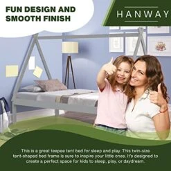 Hanway Twin Size Solid Pinewood Teepee Tent Bed Frame Sturdy And Stylish For Kids, Girls And Boys Perfect For Sleepover And Playtime Fun- Indoor/Loft Use - Grey -Safavieh Furniture 51TueWLdCbL