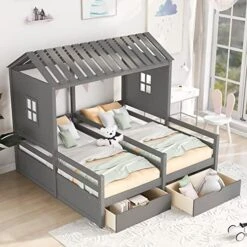 Harper & Bright Designs Full House Bed With Twin Size Trundle, Wood Full Size Bed With Roof, Windows And Fence, Playhouse Bed Frame For Kids Teens Boys & Girls, No Box Spring Needed (White) -Safavieh Furniture 51TvjIJQEUL. AC