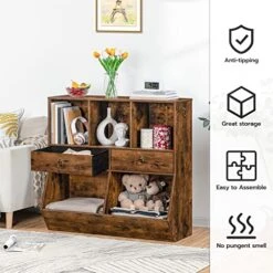 HOOBRO Kids Bookshelf, Toy Organizers And Storage, 2 Drawers And 5 Compartments, Kids Bookcase, Children's Toy Shelf, For Game Room, Bedroom, Playroom, Nursery, School, Rustic Brown FG33CW01 -Safavieh Furniture 51TwvSILUxL