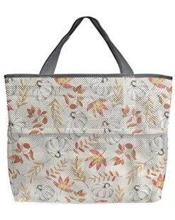 Extra Large Mesh Beach Bag, Pumpkin Maple Leaf Waterproof Beach Bag Lightweight Tote Bag With Pockets Foldable Organizer Storage Bag For Picnic Travel Farmhouse Fall Rustic Burlap Backdrop