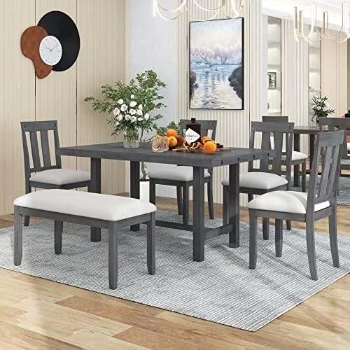 Harper & Bright Designs 6 Piece Dining Table Set With Bench, Wood Kitchen Table Set With Table And 4 Chairs, Ivory White And Cherry 15 Harper & Bright Designs 6 Piece Dining Table Set With Bench, Wood Kitchen Table Set With Table And 4 Chairs, Ivory White And Cherry - Image 15