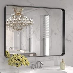 LOAAO Black Metal Framed Bathroom Mirror For Wall, 22X30 Inch Rounded Rectangle Mirror, Matte Black Bathroom Vanity Mirror Farmhouse, Anti-Rust, Tempered Glass, Hangs Horizontally Or Vertically -Safavieh Furniture 51UJS3eeSvL. AC