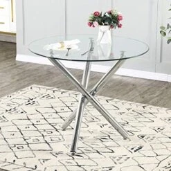Round Dining Table With Tempered Glass Top - Modern Glass Dining Table Tea Coffee Table Office Kitchen Table Dining Room Table With Chrome Legs, 35.4 Diameter