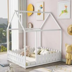 Designs Bed For Kids ,House Bed With Fence-Shaped Guardrails , Floor Twin Size Bed For Kids, Teens, Girls, Boys, Weight Capacity No Limit (Full,White) -Safavieh Furniture 51UQEd56Q8S. AC