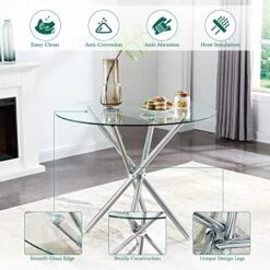 STYLIFING Round Glass Dining Table - Modern Round Dining Table With Tempered Glass Top, Silver Chrome Plated Metal Legs - Dining Room Table For 4,Kitchen Table,Coffee Table For Living Room,Small Space