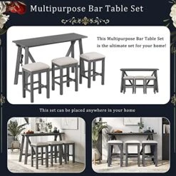 Merax 4-Piece Bar Table Set With USB Port And 3 Fabric Padded Stools W/Footrest, Rustic Bar Dining Set -Safavieh Furniture 51URa2NTuDL