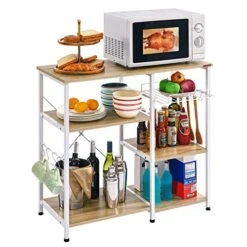 Mr IRONSTONE Bakers Rack, 35.5" Coffee Bar, 10 Hooks Microwave Stand With Wire Basket, 3-Tier Kitchen Storage Shelf, Kitchen Stand For Spice Rack Organizer Workstation, White Oak
