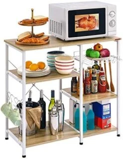 Mr IRONSTONE Bakers Rack, 35.5" Coffee Bar, 10 Hooks Microwave Stand With Wire Basket, 3-Tier Kitchen Storage Shelf, Kitchen Stand For Spice Rack Organizer Workstation, White Oak -Safavieh Furniture 51US9lEL3nL. AC