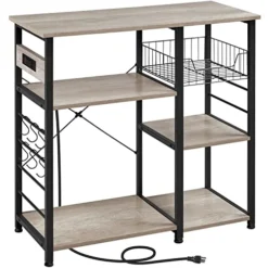 Yaheetech Baker's Rack With Power Outlet, 4-Tier Coffee Bar Station Microwave Stand With Wire Basket And 6 S-Shaped Hooks, Durable Kitchen Storage Shelf Ample Cart, Gray, 15.5''D X 35.5''W X 33''H