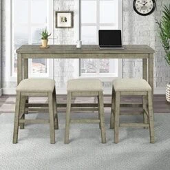 Merax 4-Piece Bar Table Set With USB Port And 3 Fabric Padded Stools W/Footrest, Rustic Bar Dining Set -Safavieh Furniture 51UpN10wfTL. AC
