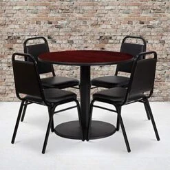 Flash Furniture 36'' Round Natural Laminate Table Set With Round Base And 4 Black Trapezoidal Back Banquet Chairs -Safavieh Furniture 51UrKh9E8TL. AC