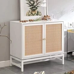 AWQM Sideboard Buffet Cabinet, Accent Storage Cabinet With 2 Rattan Doors, Farmhouse Accent Side Cabinet With Adjustable Shelves,Natural Wood Sideboard Entryway Table For Bar, Dining Room,White -Safavieh Furniture 51UuLhJhFHL. AC