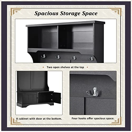 Hall Tree With Bench And Shoe Storage, 3 In 1 Entryway Bench With Coat Rack, Mudroom Bench With Storage And 4 Double Hooks, Entryway Furniture For Hallway (Black, 40" L X 18.5" W X 72" H) 4 Hall Tree With Bench And Shoe Storage, 3 In 1 Entryway Bench With Coat Rack, Mudroom Bench With Storage And 4 Double Hooks, Entryway Furniture For Hallway (Black, 40" L X 18.5" W X 72" H) - Image 4