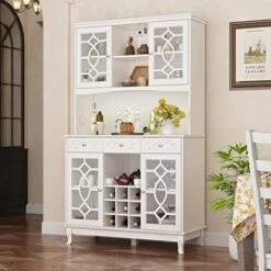 ECACAD Large Kitchen Pantry Storage Cabinet With Glass Doors, Drawers & Open Shelves, Freestanding Kitchen Cupboard Buffet Cabinet With Wine Rack For Living Room, White
