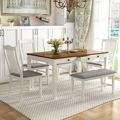 Harper & Bright Designs 6 Piece Dining Table Set With Bench, Wood Kitchen Table Set With Table And 4 Chairs, Ivory White And Cherry 14 Harper & Bright Designs 6 Piece Dining Table Set With Bench, Wood Kitchen Table Set With Table And 4 Chairs, Ivory White And Cherry - Image 14