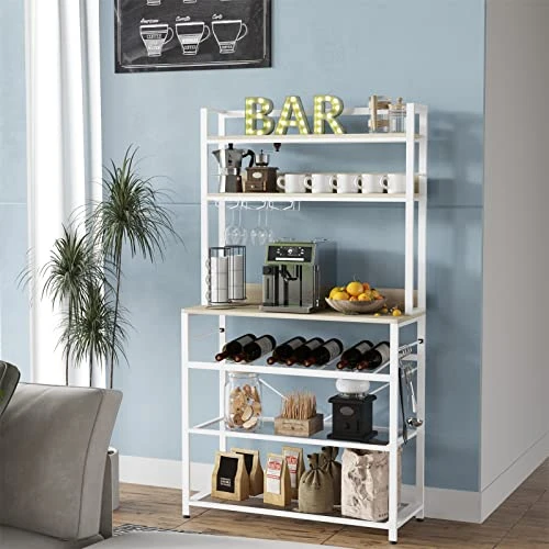 6 Tier Kitchen Bakers Rack With Wine Storage, Freestanding Kitchen Shelves With Hutch, Microwave Oven Stand, Coffee Bar Station With 4 Hooks, Wine Glass Holder, White Oak 35.5L X 13.8W X 64.7H 4 6 Tier Kitchen Bakers Rack With Wine Storage, Freestanding Kitchen Shelves With Hutch, Microwave Oven Stand, Coffee Bar Station With 4 Hooks, Wine Glass Holder, White Oak 35.5L X 13.8W X 64.7H - Image 4