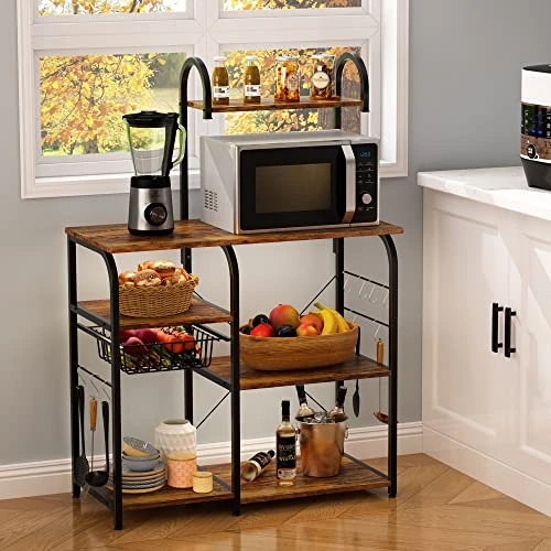 Mr IRONSTONE Bakers Rack Microwave Stand Kitchen Cart 35.5" Microwave Cart 3-Tier+4-Tier Kitchen Shelves For Spice Rack Organizer Coffee Station With 10 Hooks, Easy To Assemble (Vintage) 2 Mr IRONSTONE Bakers Rack Microwave Stand Kitchen Cart 35.5" Microwave Cart 3-Tier+4-Tier Kitchen Shelves For Spice Rack Organizer Coffee Station With 10 Hooks, Easy To Assemble (Vintage) - Image 2